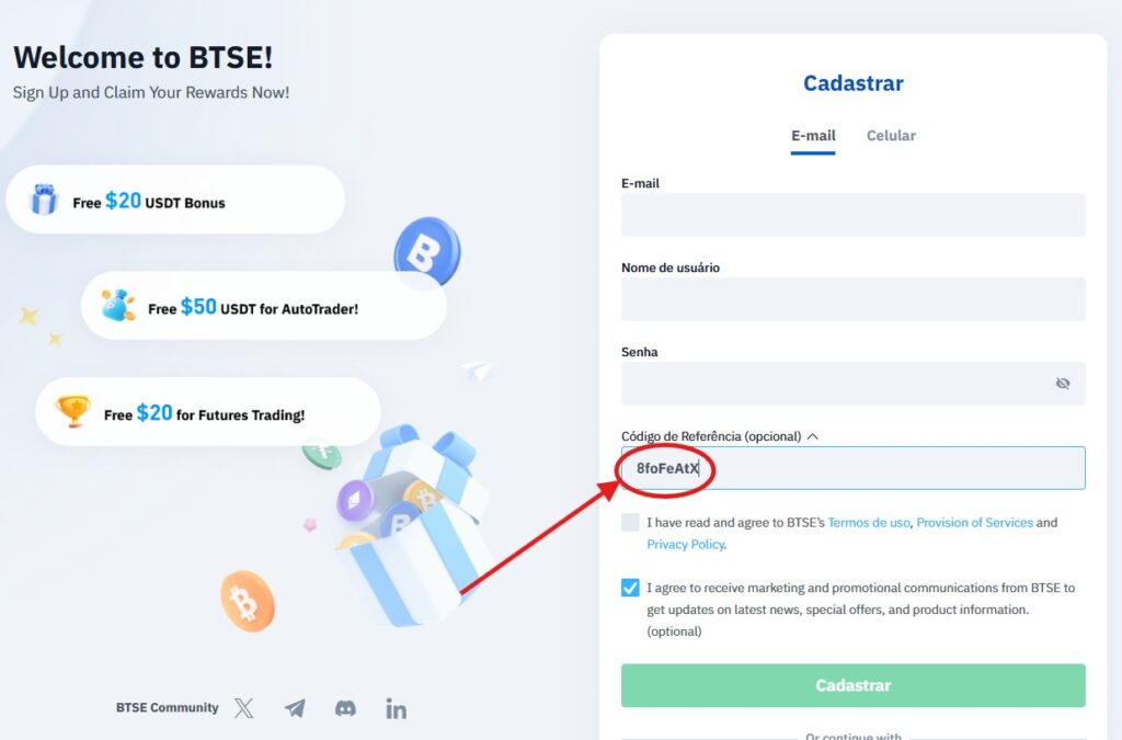 Como Usar o Código de Referência BTSE “8foFeAtX”