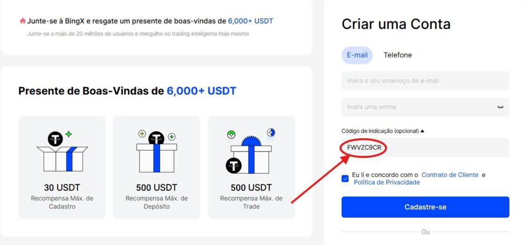 Como se Registrar na BingX Usando o Código de Referência